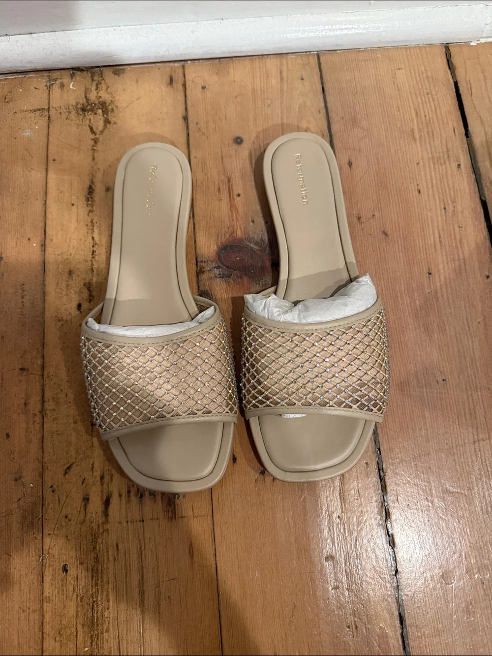 Reformation Eliza Flat Sandal Fawn Rhinestone Mesh - Size 7.5